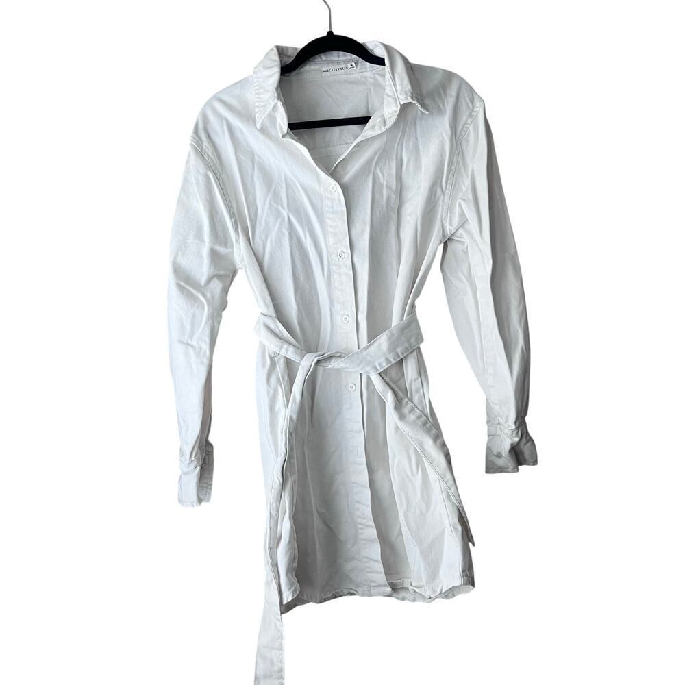 Avec Les Filles Long Sleeve Shirt Cotton Dress MediumThick White Collared Belt